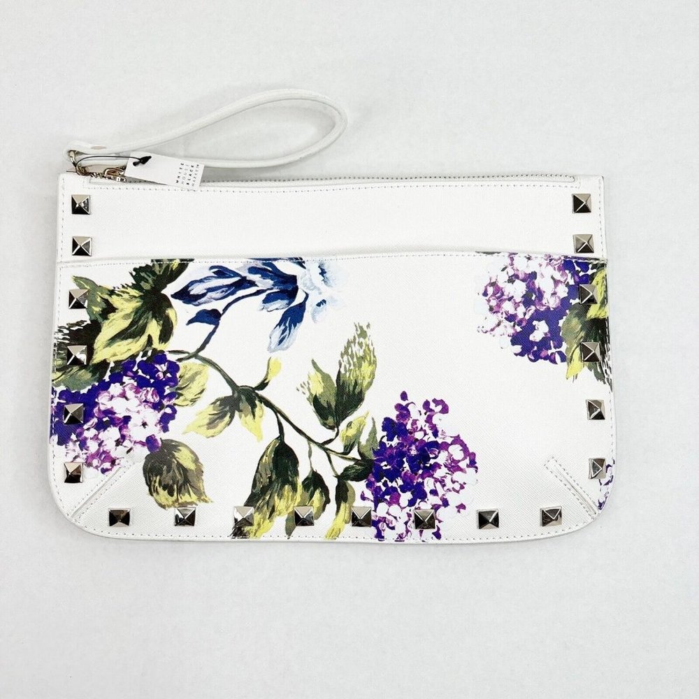 White House Black Market Clutch Womens White Floral Studded Leather New